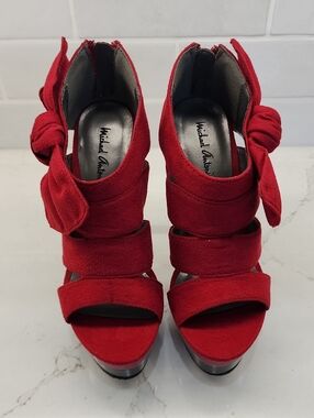 Michael Antonio Red Suede Bow Strappy Platform Heels
